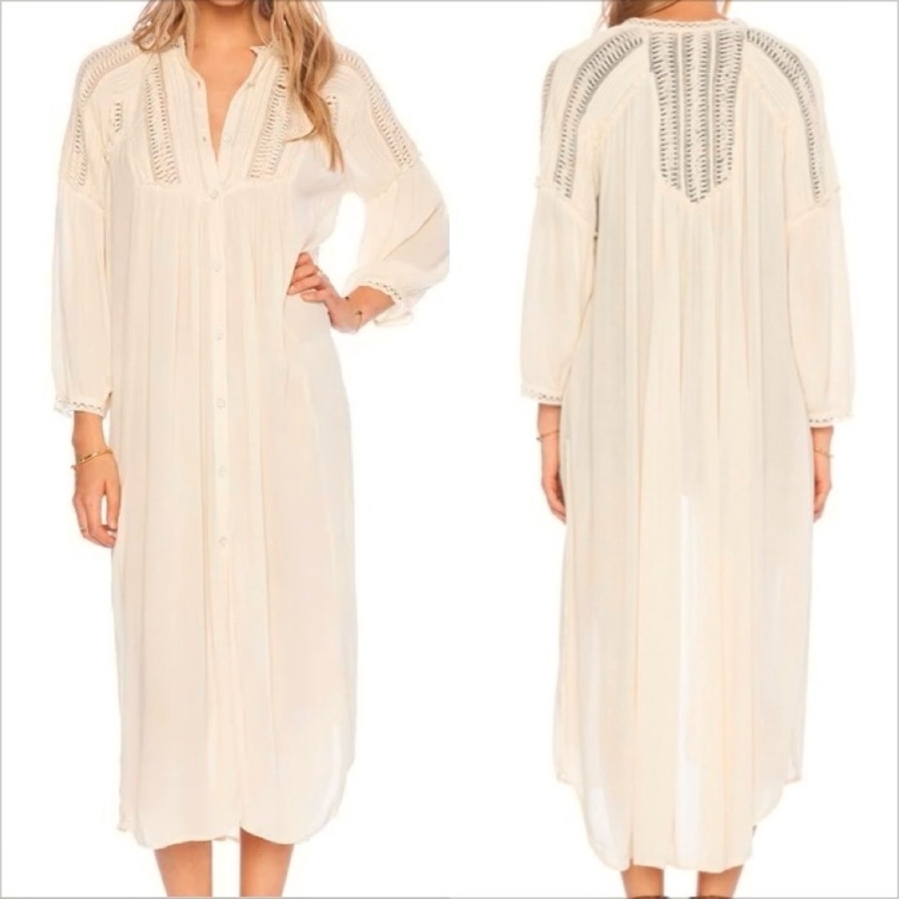 Free People Cream Textured Lace Crochet Pleated Button-Up Cover Up Long Dress S